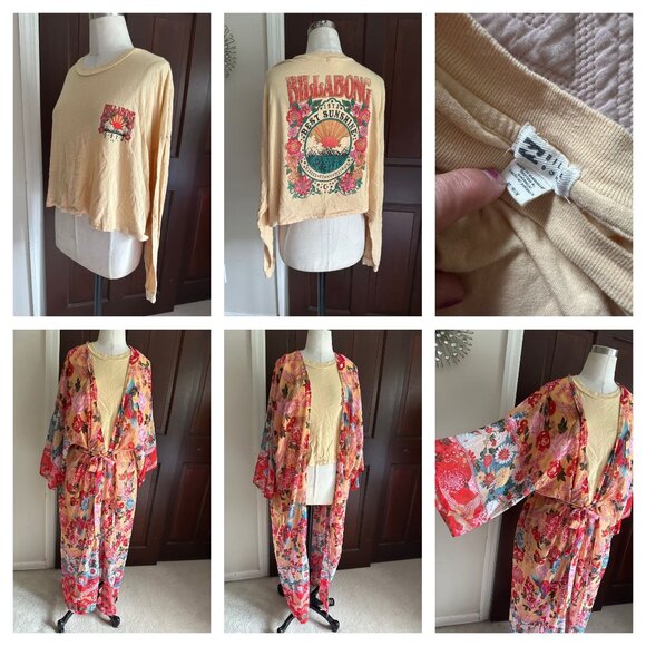 2 awesome funky mix and match pieces Billabong L/S tshirt and colorful kimono ja - Picture 1 of 8